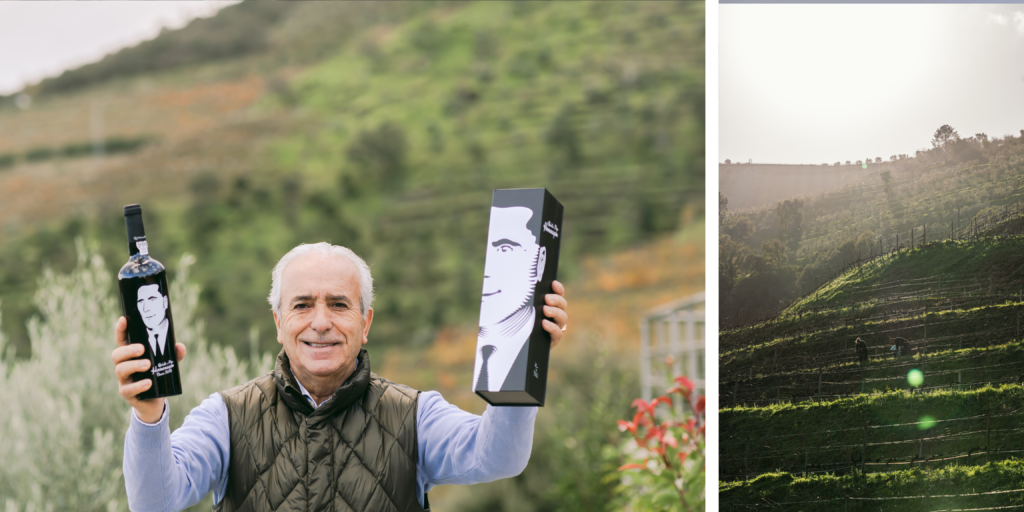 José Ferreira fundador de Quinta do Pôpa con una botella de vino en los viñedos del Douro