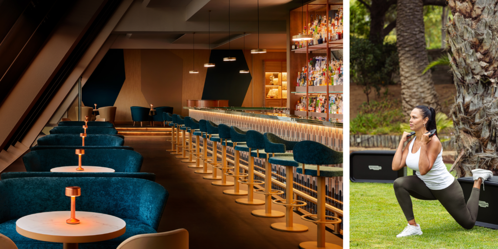 Interior elegante del Argo Cocktail Bar en el Tivoli Sesión de fitness al aire libre en los jardines del Tivoli Marina Vilamoura Vilamoura