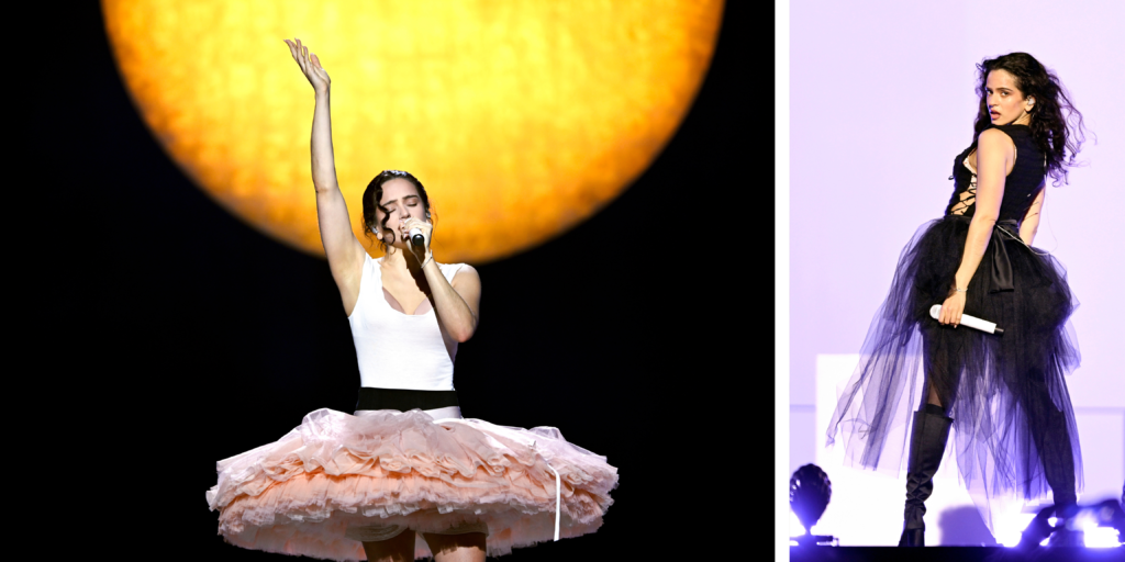 Rosalía cantando en directo con un gran sol de fondo en el escenario del LUX Tour detalle de la actuación de Rosalía en Lyon con estética visual marcada por un sol central