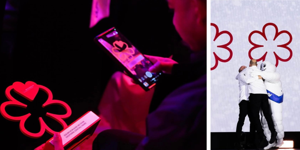 Chefs celebrando en el escenario durante la ceremonia de la Guía Michelin en Portugal y detalle del símbolo Michelin iluminado en rojo.