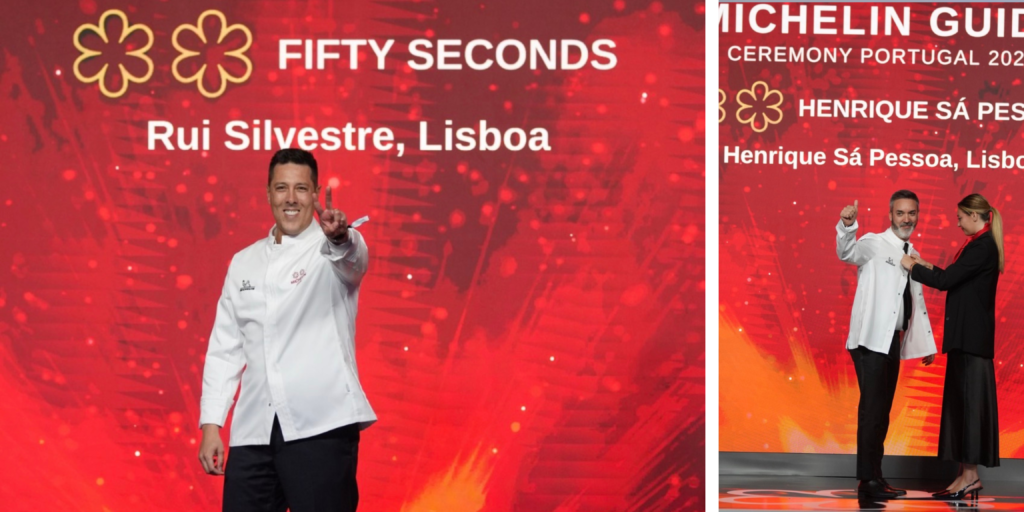 Chef Rui Silvestre durante la gala Michelin Portugal 2026 tras conseguir dos Estrellas MICHELIN para Fifty SecondsChef Henrique Sá Pessoa durante la ceremonia de la Guía MICHELIN en Portugal 