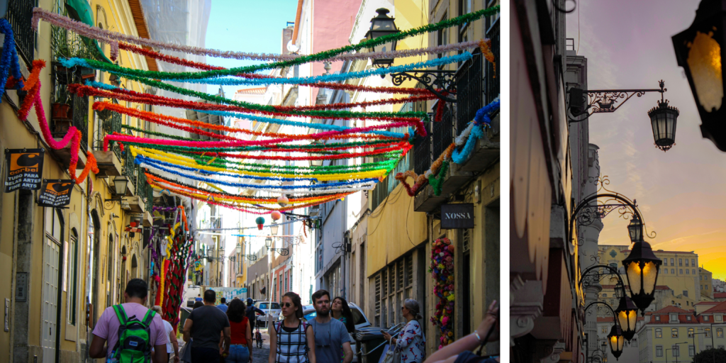 Farolas tradicionales en el centro histórico de Lisboa al atardecer y calles decoradas con cintas de colores durante fiestas populares.