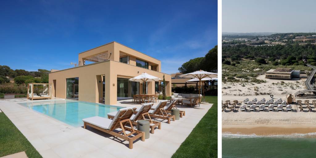 Vista aérea de la playa y pasarelas de madera en Verdelago Algarve Villa con piscina privada en Verdelago Resort Algarve