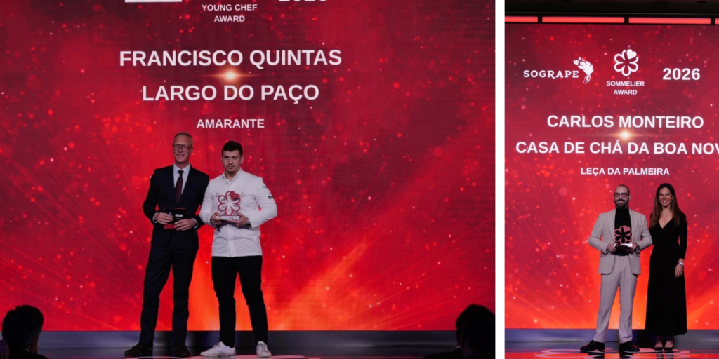 Chef Francisco Quintas recibe el premio Young Chef Award por el restaurante Largo do PaçoSommelier Carlos Monteiro recibe el premio Sommelier Award por el restaurante Casa de Chá da Boa Nova 
