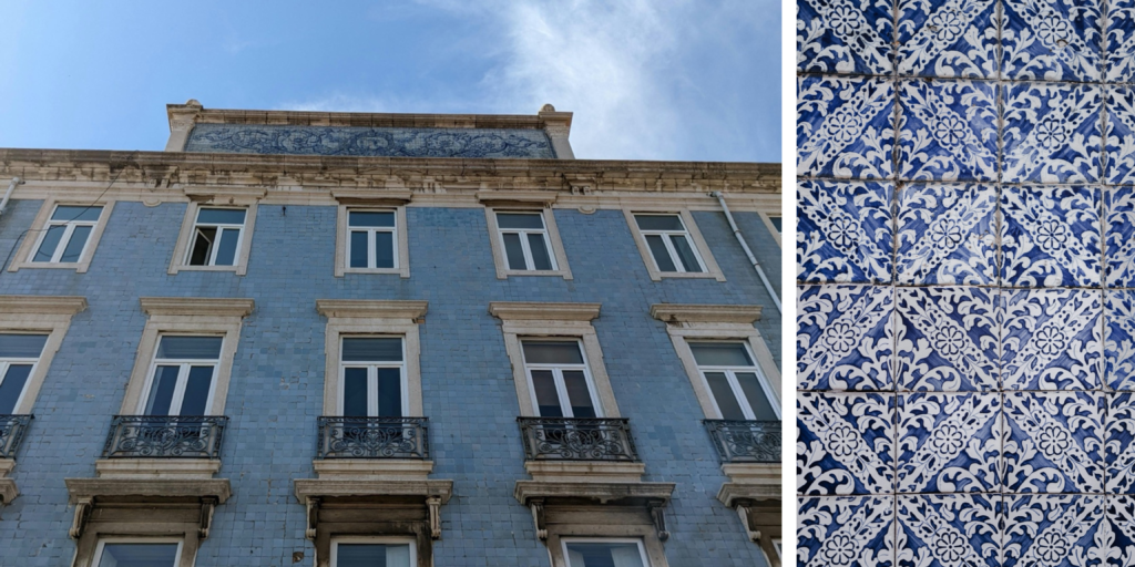 Edificio histórico de Lisboa con azulejos portuguesesBalcones de hierro forjado en edificio histórico de Lisboa