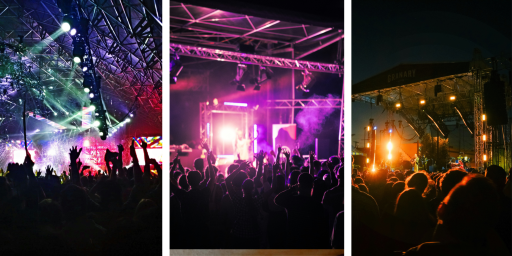 Público con los brazos en alto durante un festival de música en Portugal, con escenario iluminado y luces nocturnas.