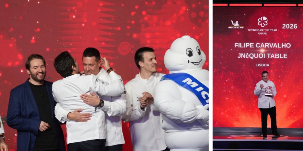 Chef Filipe Carvalho durante la gala Michelin tras recibir el premio Opening of the Year por JNcQUOI TableChefs celebran las nuevas distinciones durante la gala Michelin Portugal 2026