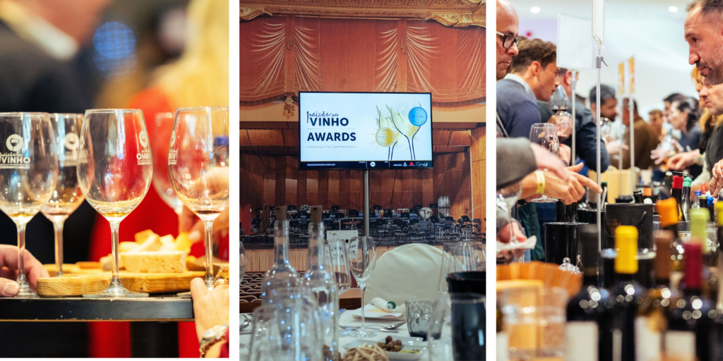 Copas preparadas para degustación de vinos portugueses en evento en Lisboa Escenario del evento Paixão Pelo Vinho Awards en Lisboa Participantes prueban vinos portugueses durante evento enológico en Lisboa