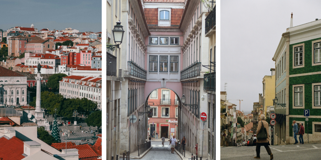 Plaza del Rossio en el centro histórico de LisboaCalle tradicional del centro histórico de Lisboa con arquitectura antigua Calle inclinada del centro histórico de Lisboa 