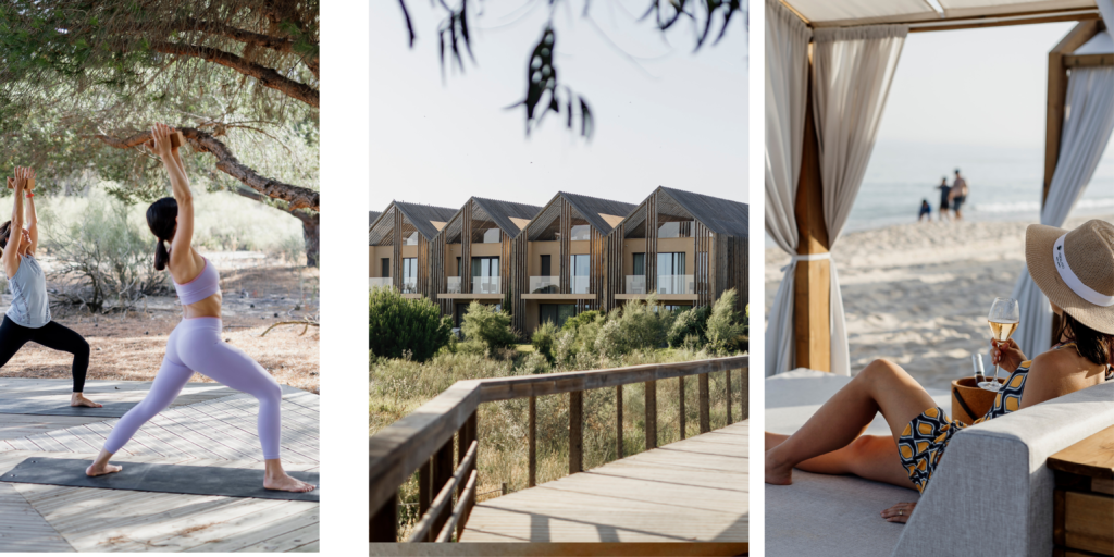 Sesión de yoga al aire libre en Verdelago Resort AlgarveArquitectura del Verdelago Resort integrada en el paisaje del AlgarveTerraza con vistas al paisaje natural del Verdelago Resort