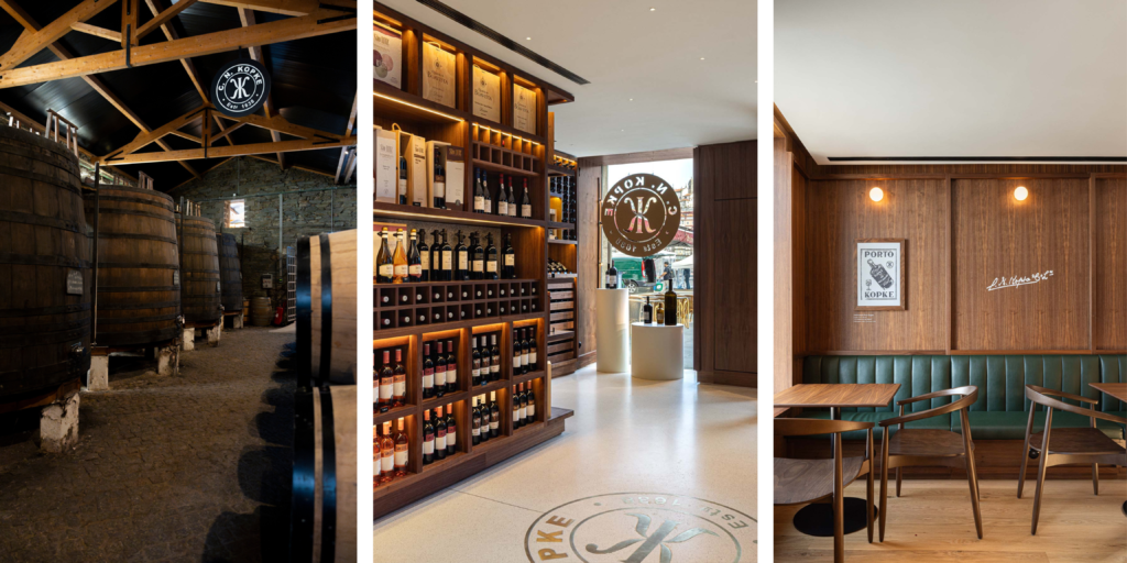 Barricas de vino de Oporto en las históricas caves del DouroEspacio de degustación de vinos en Casa Kopke en el valle del DouroInterior de la sala de catas de Casa Kopke dedicada al vino del Douro