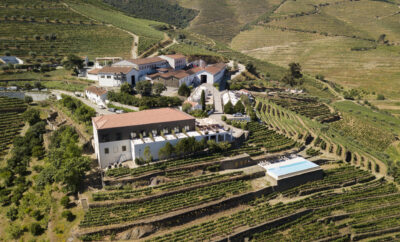 Vista aérea de la Quinta de São Luiz, rodeada de viñedos en terrazas en el valle del Douro