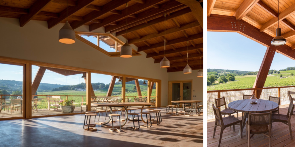 Terraza de madera en una bodega del Dão rodeada de naturalezaDepósitos de vino en una bodega del Dão