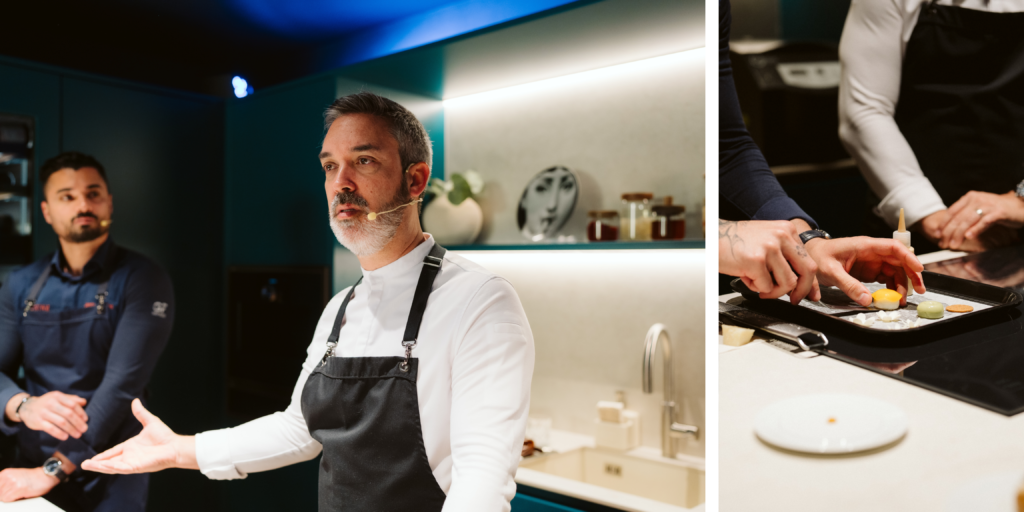 Chef explicando un menú gastronómico de Tenerife en Lisboa con público