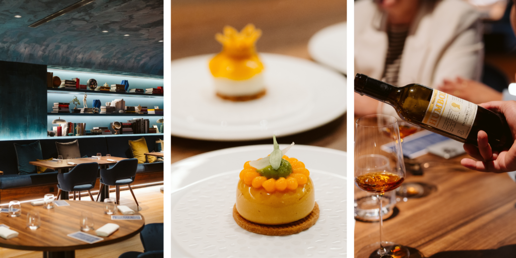 Detalle de postre creativo y servicio de vino en cena gastronómica en Lisboa