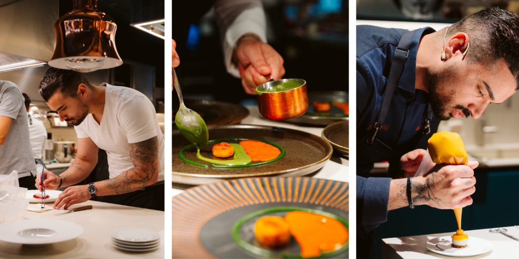 Detalle de emplatado creativo en alta cocina durante evento gastronómico