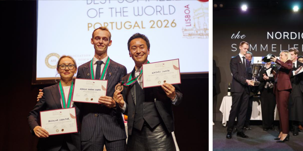 Nikolai Haram Svorte, Pascaline Lepeltier y Wataru Iwata, los tres finalistas del ASI Best Sommelier of the World 2026, tras la final celebrada en Lisboa.